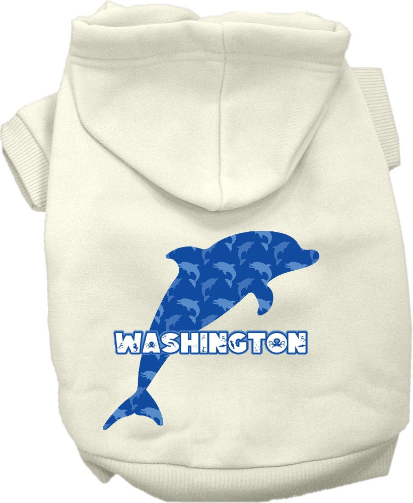 A cozy pet hoodie for small to medium dogs and cats, featuring a vibrant Washington Blue Dolphins print, designed for comfort and style.