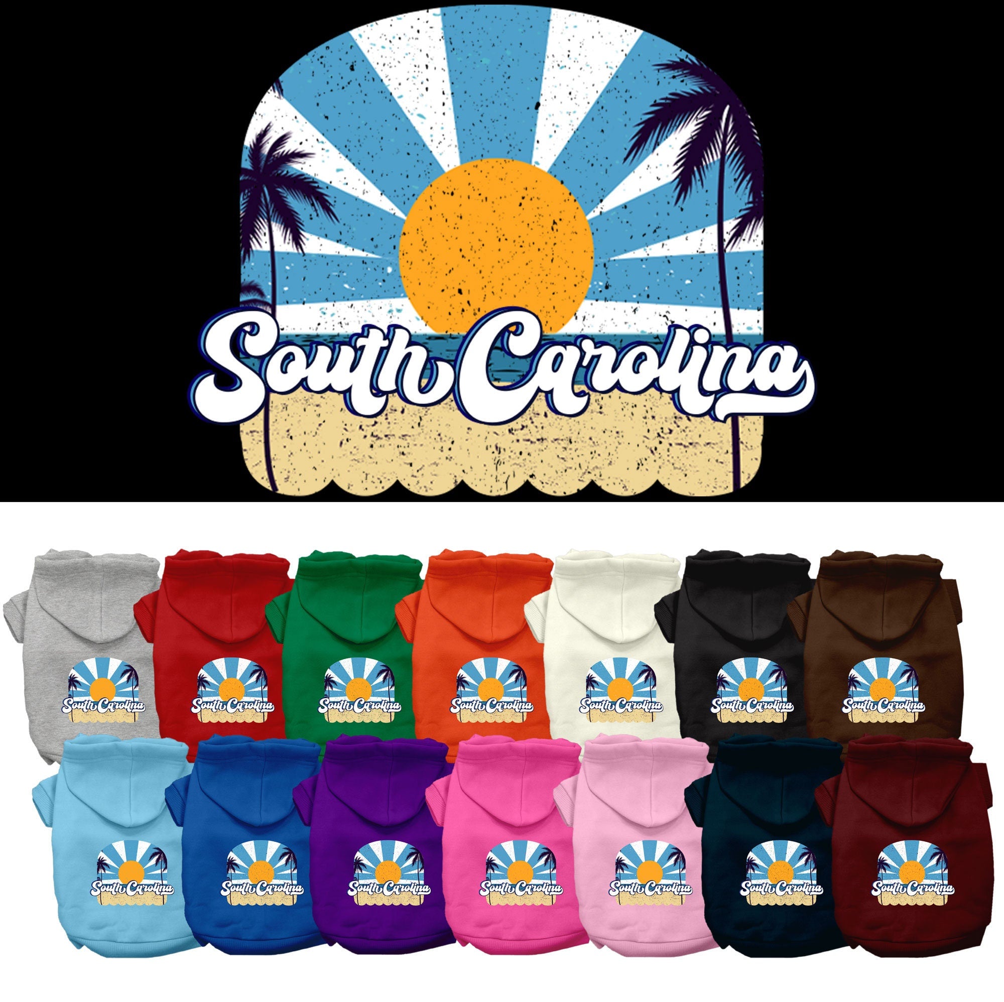 A cozy screen printed hoodie for small to medium pets, featuring a South Carolina Coast design, perfect for dogs and cats.