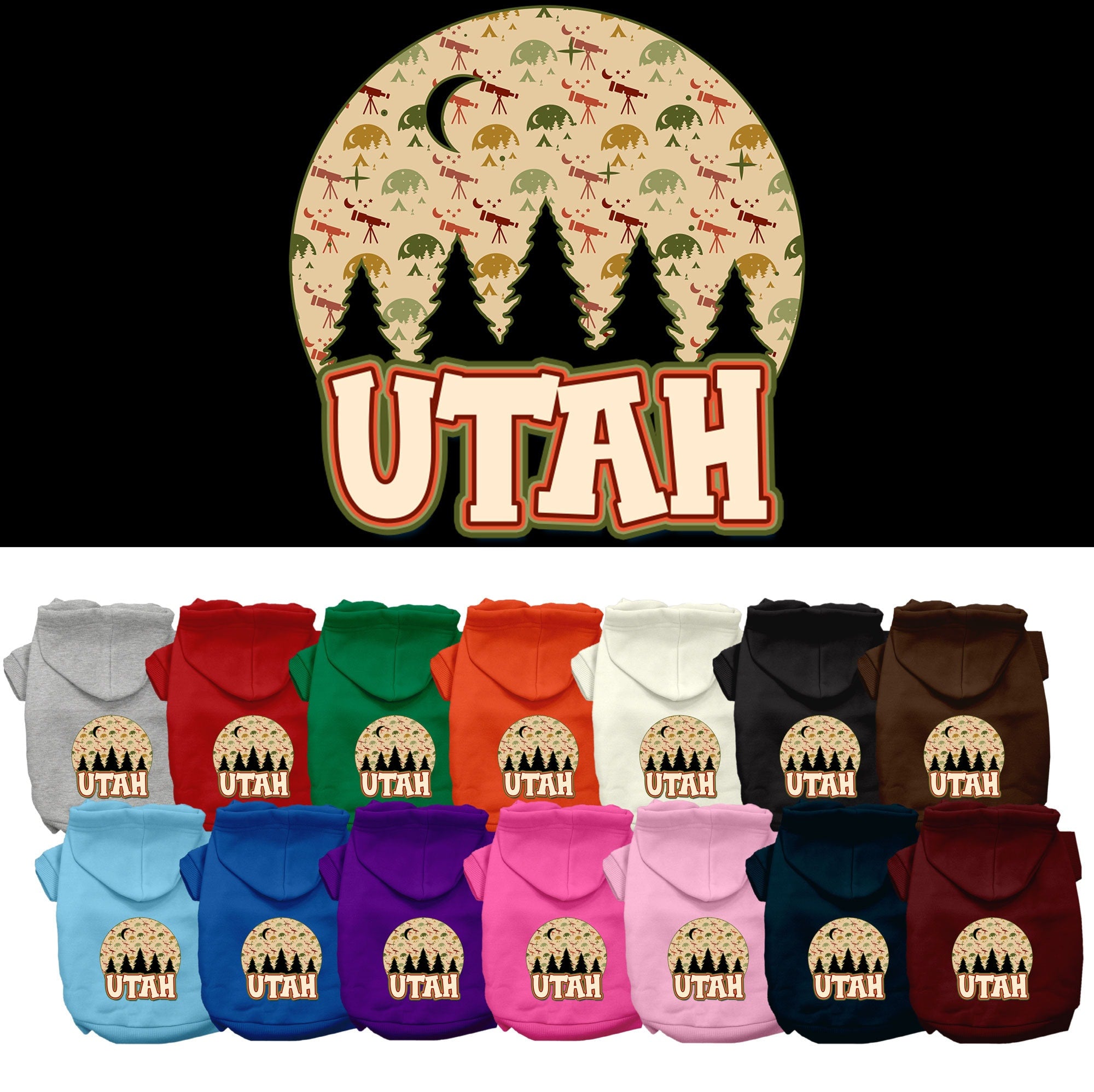 A small to medium pet wearing a cozy screen printed hoodie with a 'Utah Under The Stars' design, showcasing its soft fabric and convenient leash access.