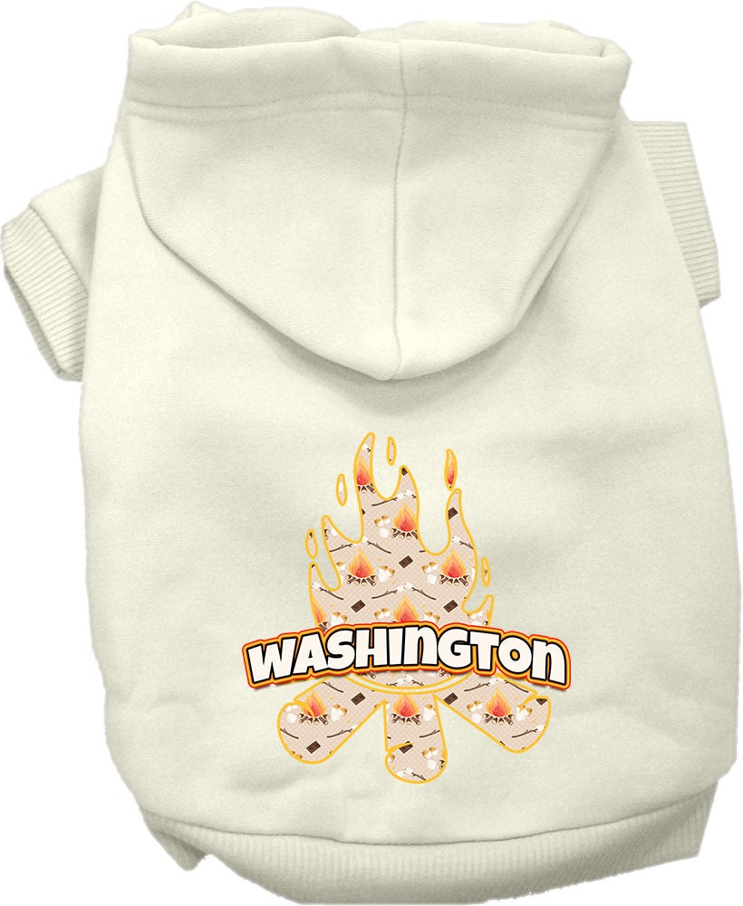 A cozy screen printed hoodie for small to medium pets, featuring a unique 'Washington Around The Campfire' design, perfect for chilly weather.