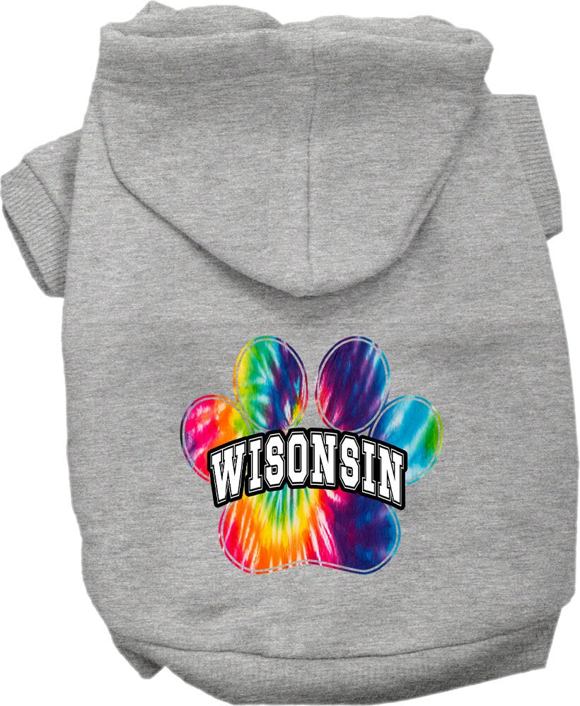A small to medium pet wearing a vibrant Wisconsin Bright Tie Dye hoodie, showcasing its soft fabric and stylish design.