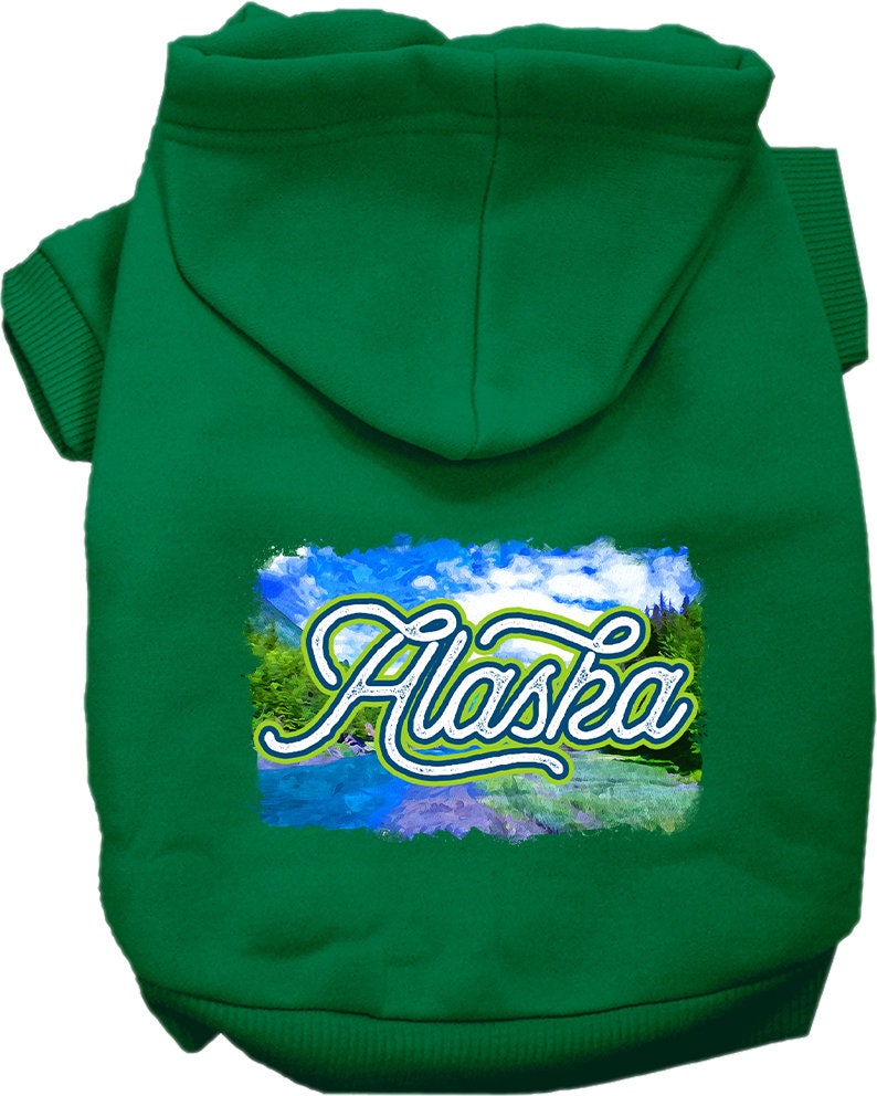 A cozy screen printed hoodie for small to medium pets, featuring a stylish 'Alaska Summer' design, perfect for dogs and cats.