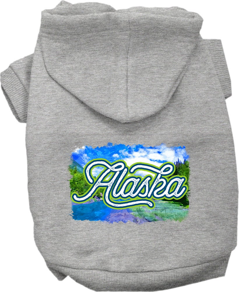 A cozy screen printed hoodie for small to medium pets, featuring a stylish 'Alaska Summer' design, perfect for dogs and cats.