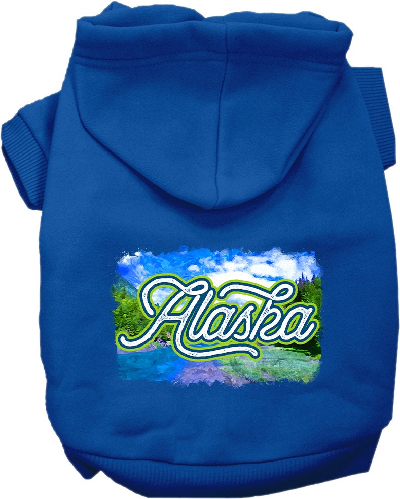 A cozy screen printed hoodie for small to medium pets, featuring a stylish 'Alaska Summer' design, perfect for dogs and cats.