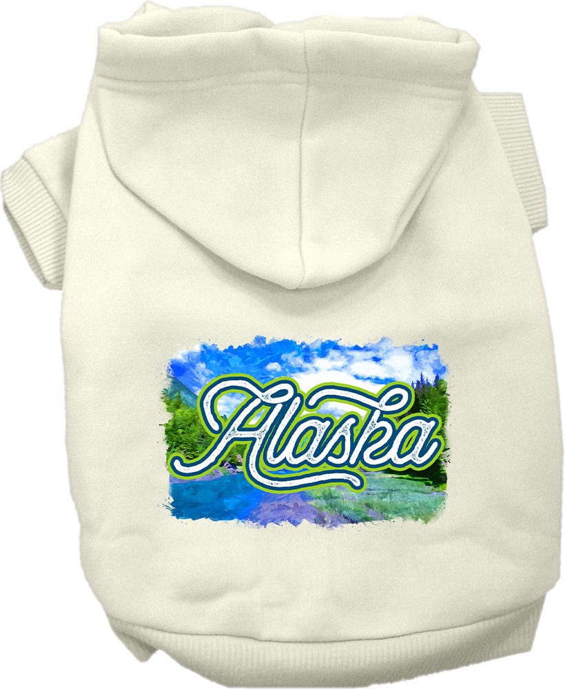 A cozy screen printed hoodie for small to medium pets, featuring a stylish 'Alaska Summer' design, perfect for dogs and cats.