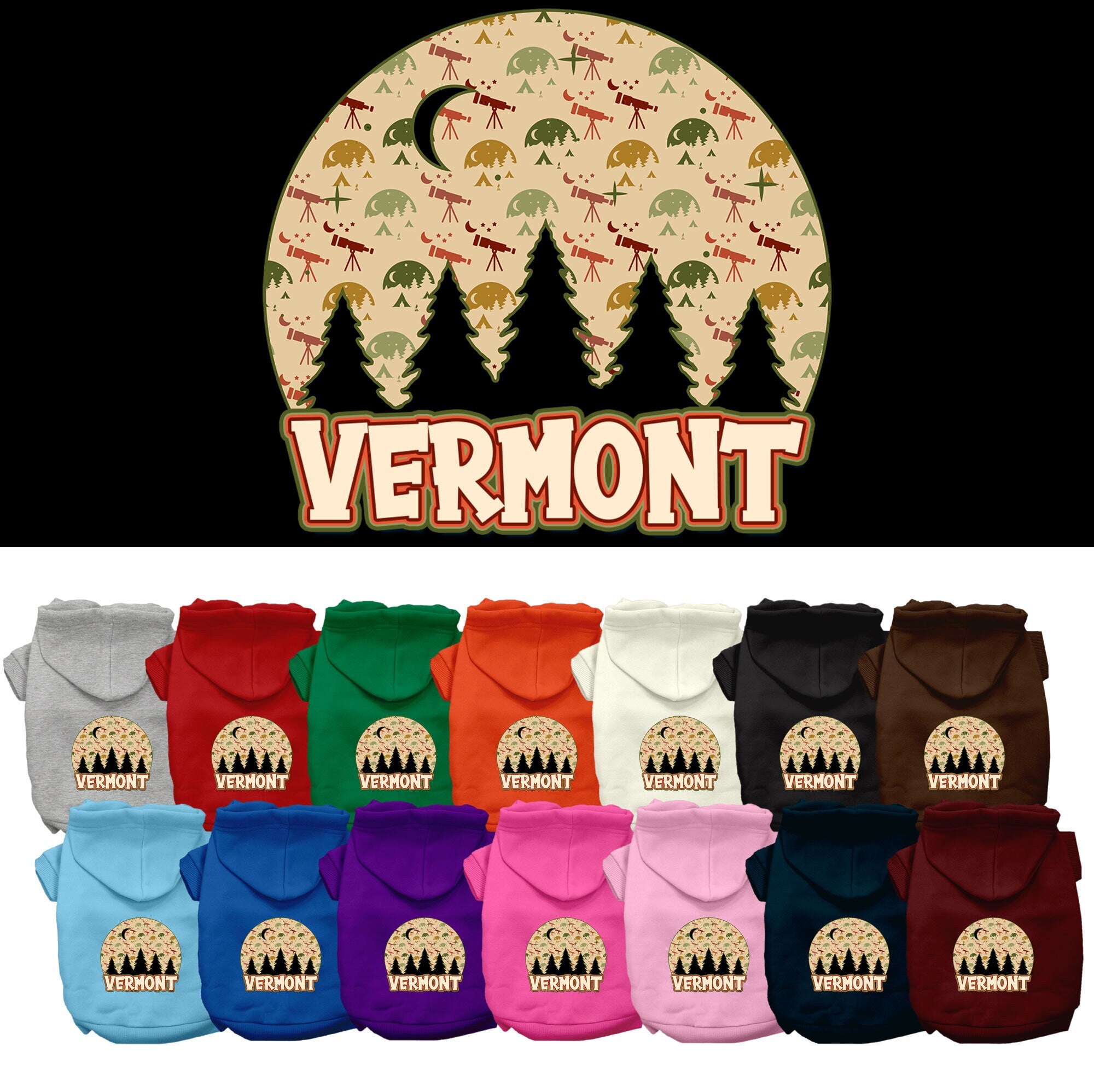 A cozy screen printed hoodie for small to medium pets, featuring a design called 'Vermont Under The Stars', showcasing its soft fabric and durable stitching.