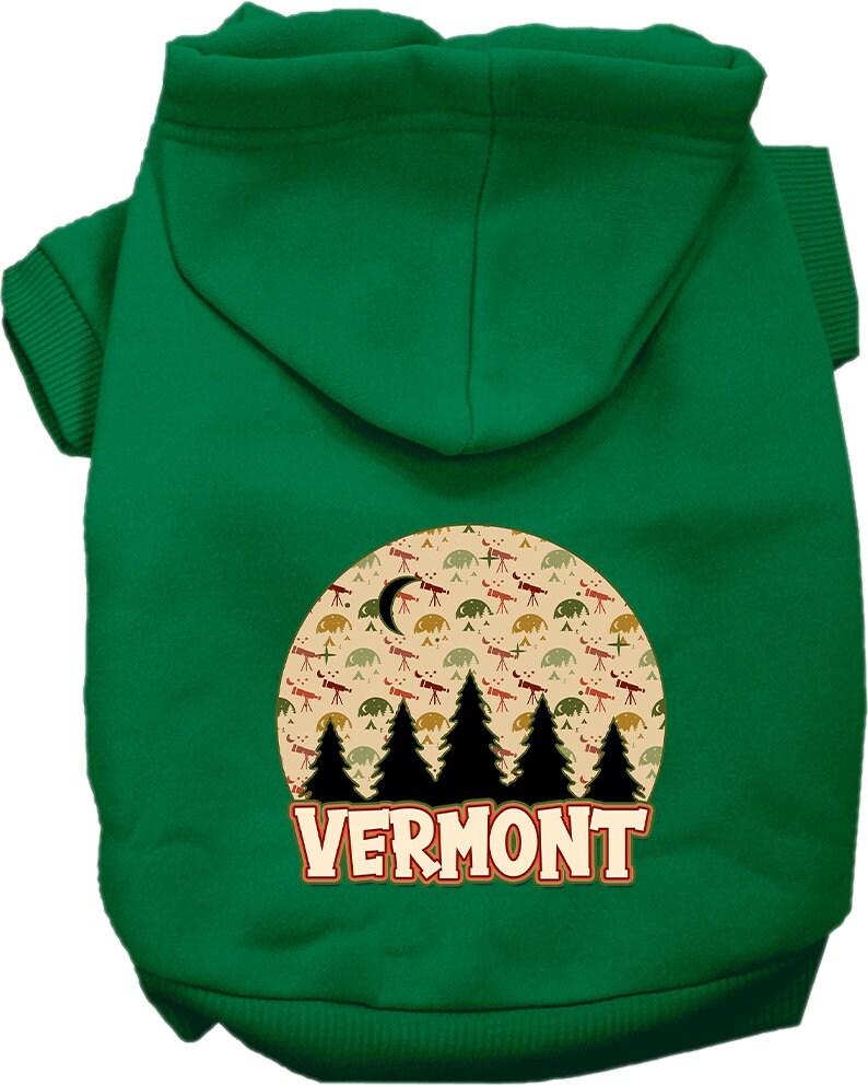 A cozy screen printed hoodie for small to medium pets, featuring a design called 'Vermont Under The Stars', showcasing its soft fabric and durable stitching.