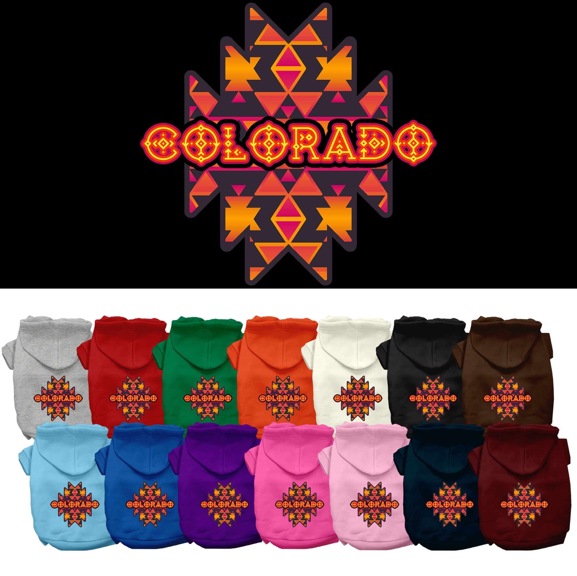 A cozy pet hoodie for small to medium dogs and cats, featuring a Colorado Navajo Tribal print, designed for comfort and durability.