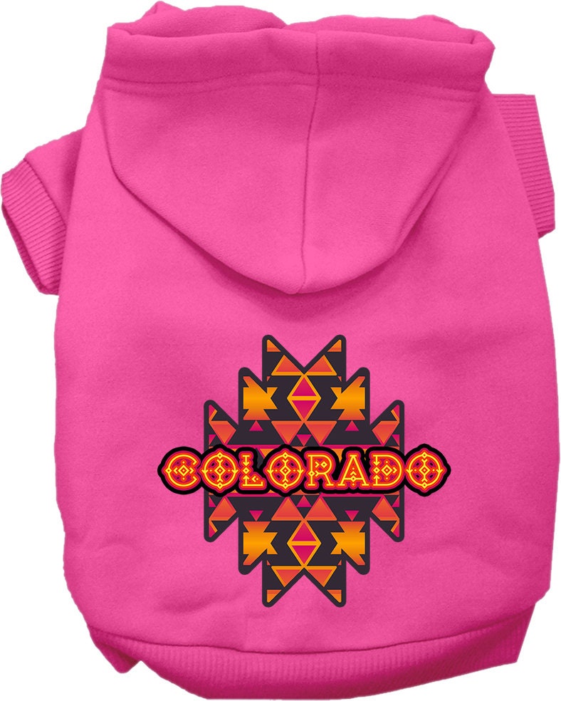 A cozy pet hoodie for small to medium dogs and cats, featuring a Colorado Navajo Tribal print, designed for comfort and durability.
