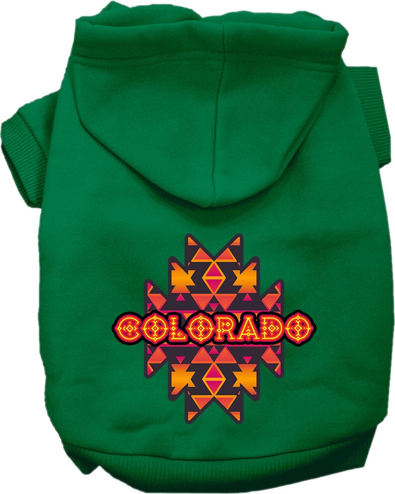 A cozy pet hoodie for small to medium dogs and cats, featuring a Colorado Navajo Tribal print, designed for comfort and durability.