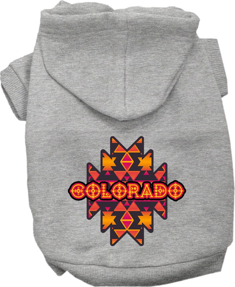 A cozy pet hoodie for small to medium dogs and cats, featuring a Colorado Navajo Tribal print, designed for comfort and durability.