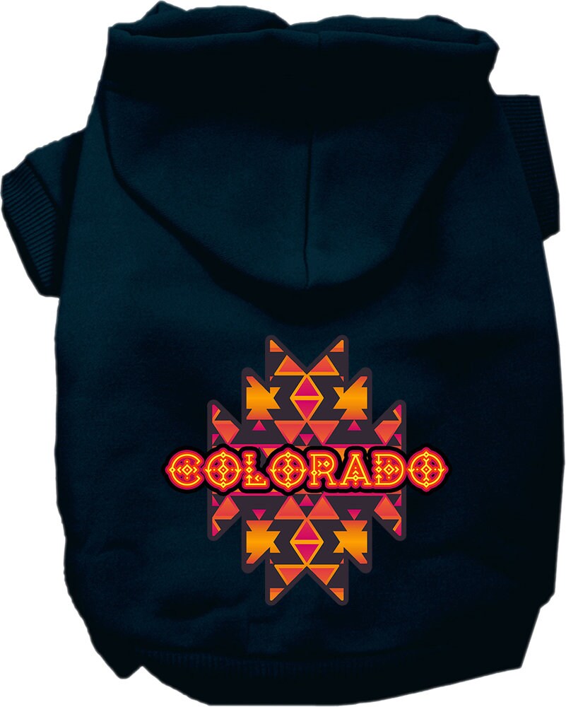 A cozy pet hoodie for small to medium dogs and cats, featuring a Colorado Navajo Tribal print, designed for comfort and durability.