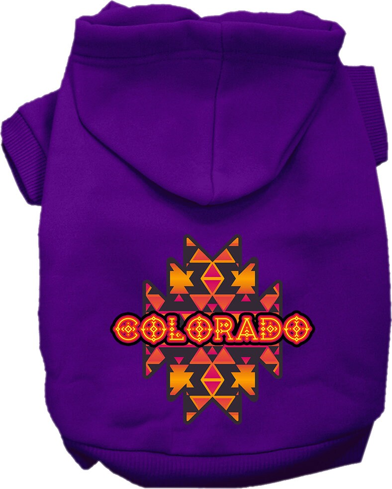 A cozy pet hoodie for small to medium dogs and cats, featuring a Colorado Navajo Tribal print, designed for comfort and durability.