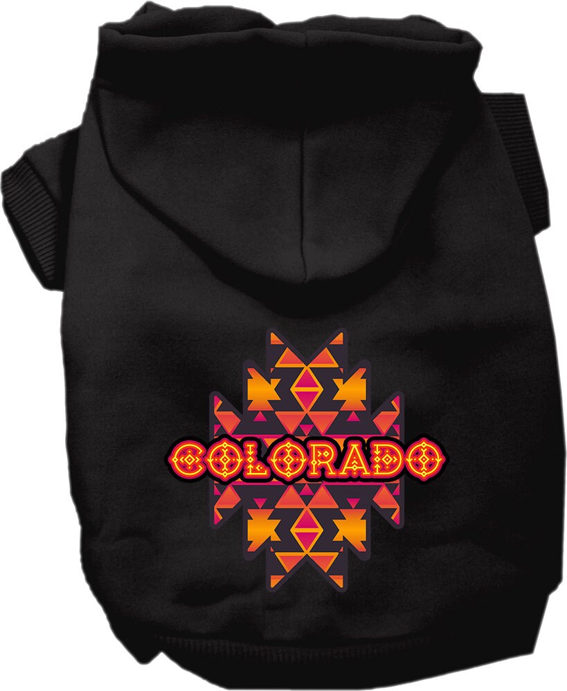 A cozy pet hoodie for small to medium dogs and cats, featuring a Colorado Navajo Tribal print, designed for comfort and durability.