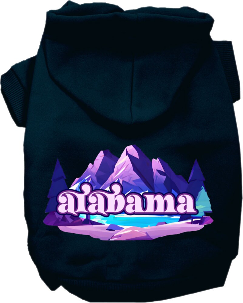 A cozy screen printed hoodie for small to medium pets featuring the Alabama Alpine Pawscape design, showcasing its soft fabric and durable stitching.