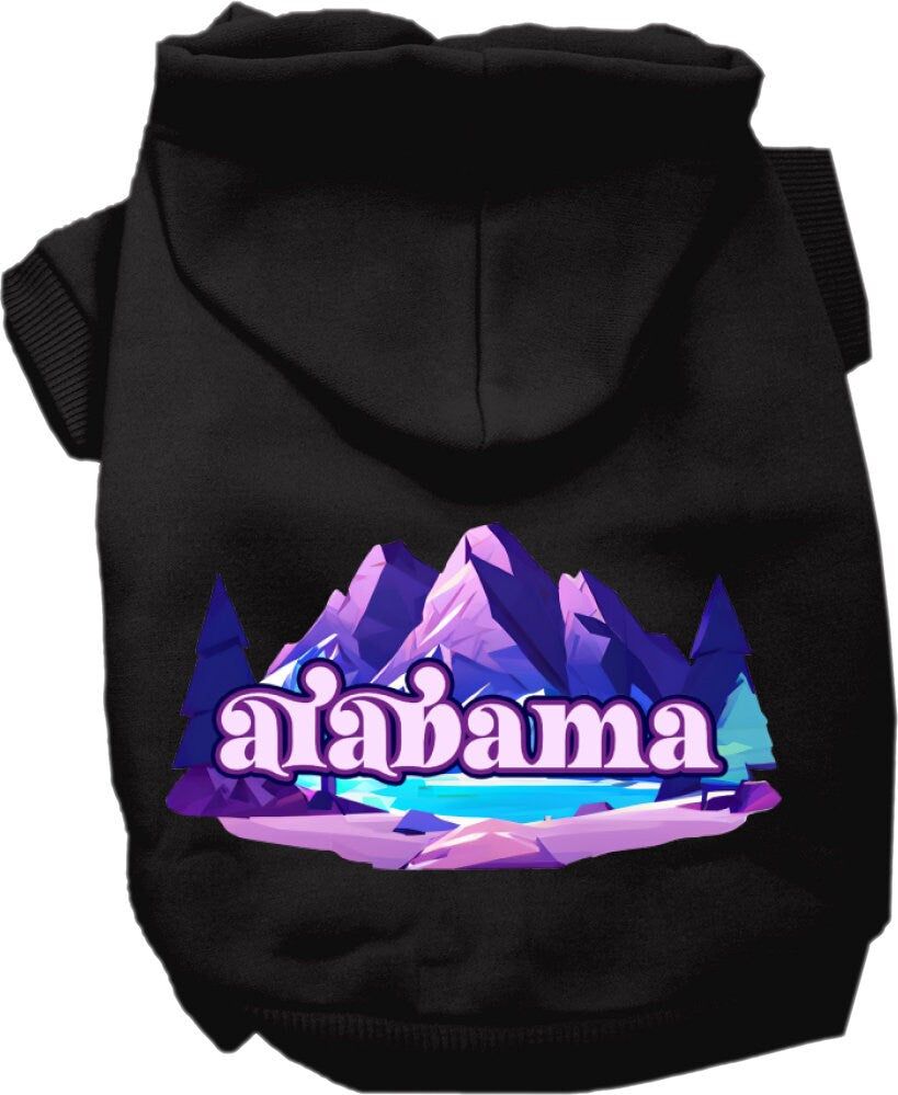 A cozy screen printed hoodie for small to medium pets featuring the Alabama Alpine Pawscape design, showcasing its soft fabric and durable stitching.