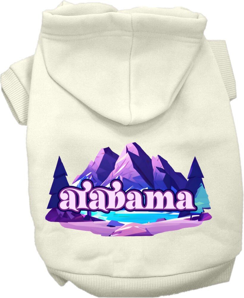 A cozy screen printed hoodie for small to medium pets featuring the Alabama Alpine Pawscape design, showcasing its soft fabric and durable stitching.