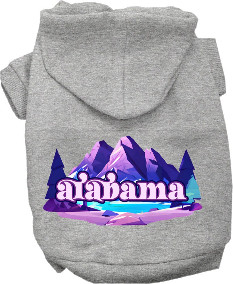 A cozy screen printed hoodie for small to medium pets featuring the Alabama Alpine Pawscape design, showcasing its soft fabric and durable stitching.