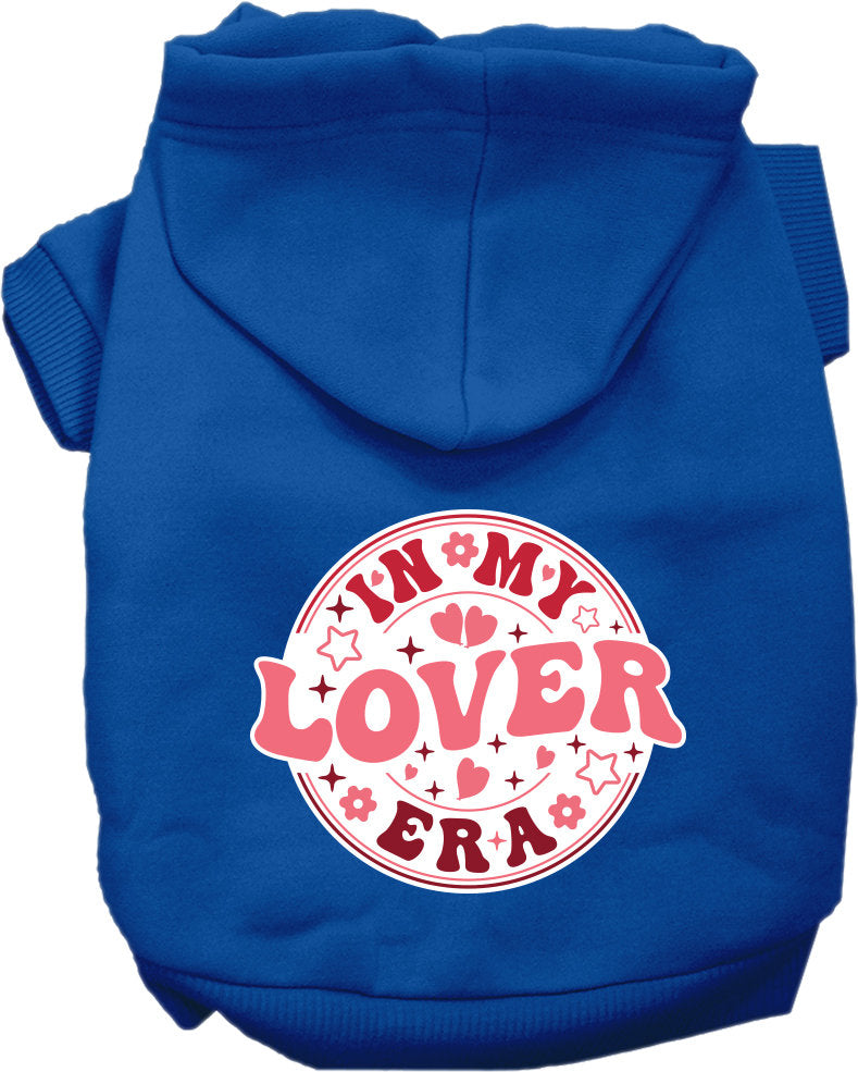A cozy pet hoodie for dogs and cats, featuring the phrase 'In My Lover Era' in stylish screen print, perfect for small to medium pets.