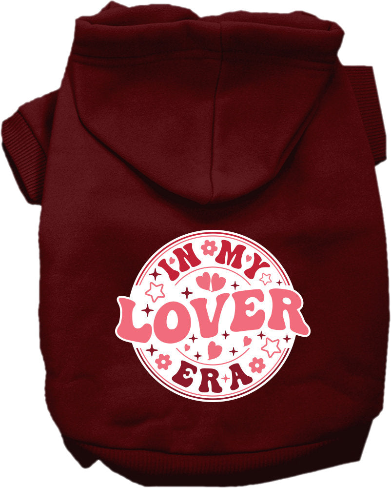 A cozy pet hoodie for dogs and cats, featuring the phrase 'In My Lover Era' in stylish screen print, perfect for small to medium pets.
