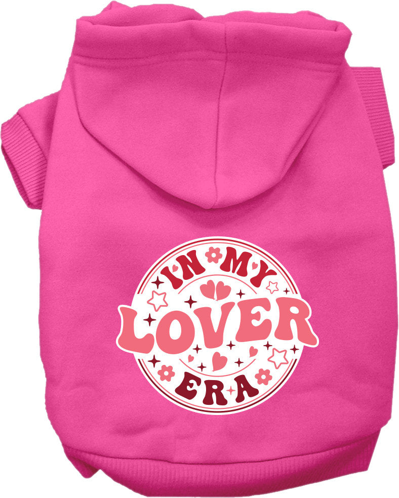 A cozy pet hoodie for dogs and cats, featuring the phrase 'In My Lover Era' in stylish screen print, perfect for small to medium pets.