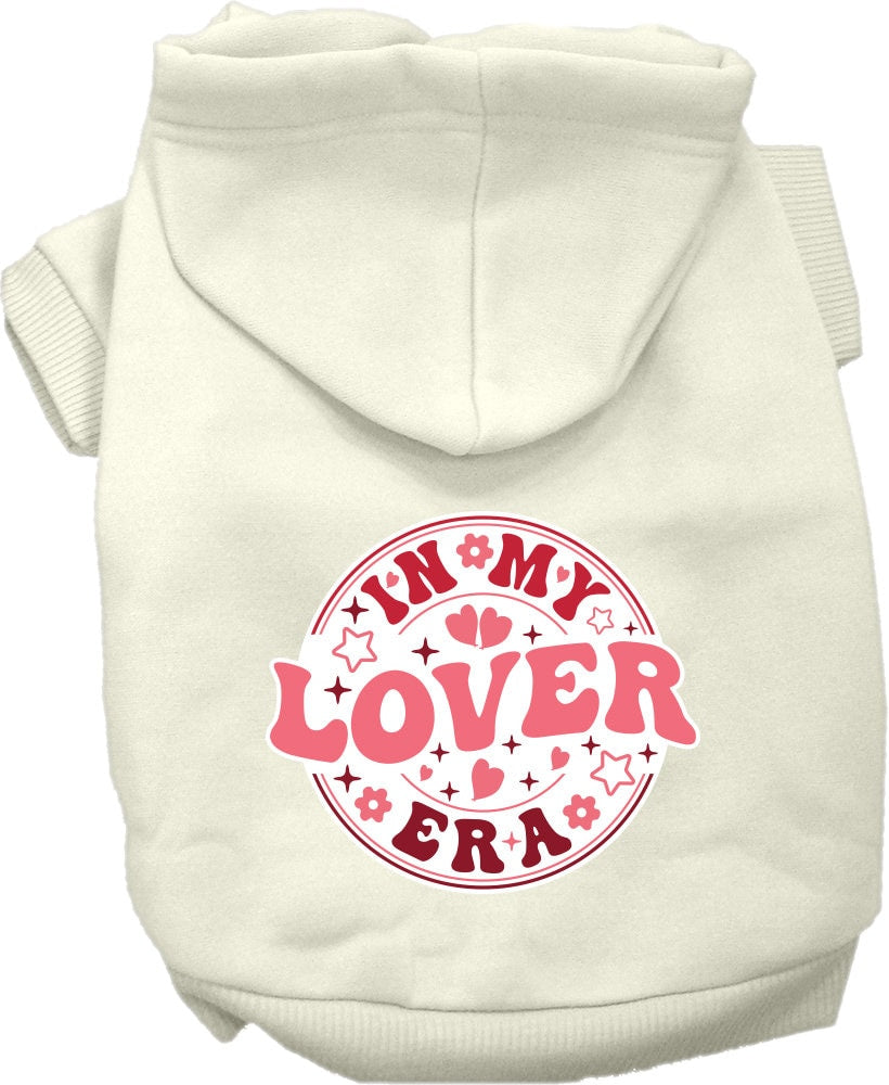 A cozy pet hoodie for dogs and cats, featuring the phrase 'In My Lover Era' in stylish screen print, perfect for small to medium pets.