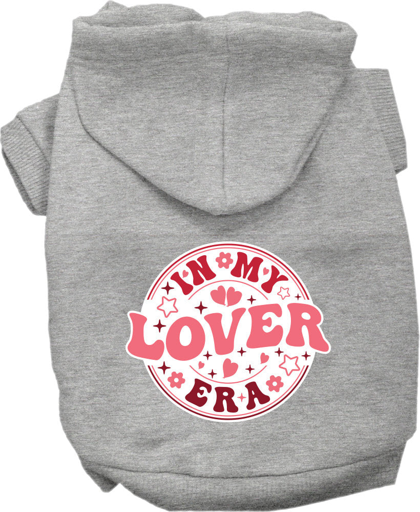 A cozy pet hoodie for dogs and cats, featuring the phrase 'In My Lover Era' in stylish screen print, perfect for small to medium pets.