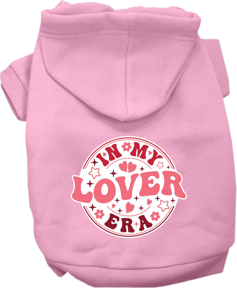 A cozy pet hoodie for dogs and cats, featuring the phrase 'In My Lover Era' in stylish screen print, perfect for small to medium pets.