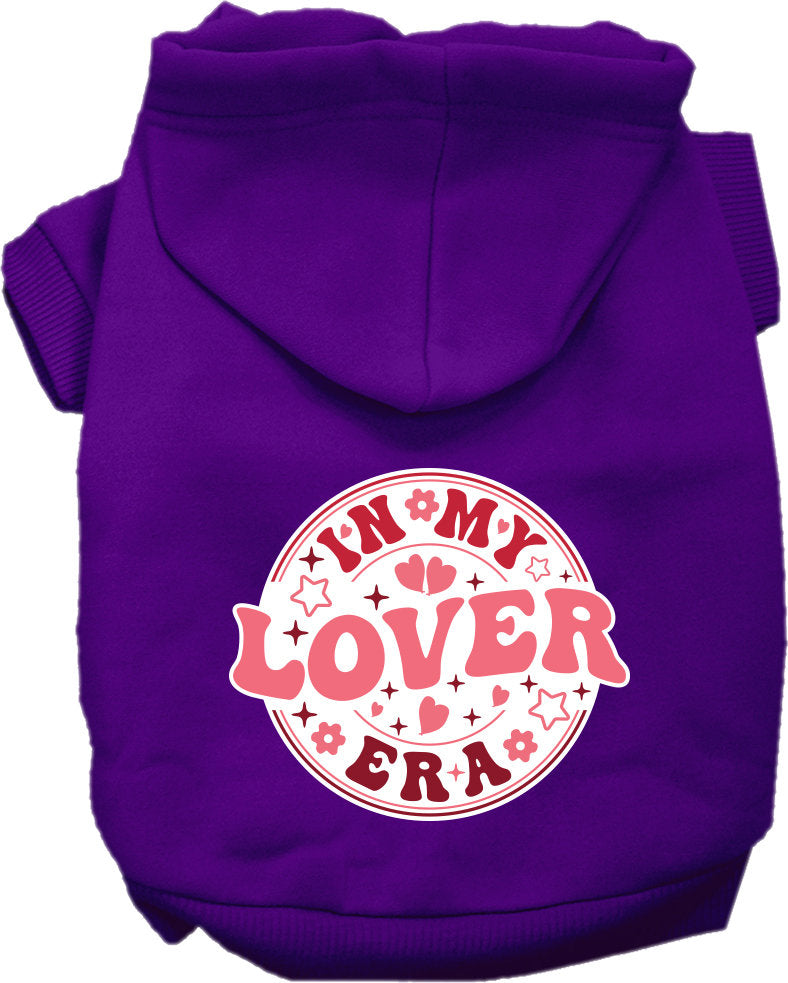 A cozy pet hoodie for dogs and cats, featuring the phrase 'In My Lover Era' in stylish screen print, perfect for small to medium pets.