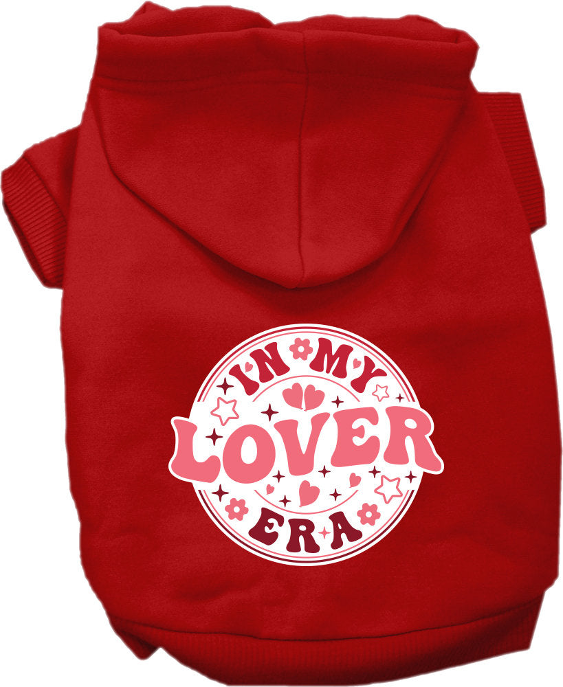 A cozy pet hoodie for dogs and cats, featuring the phrase 'In My Lover Era' in stylish screen print, perfect for small to medium pets.