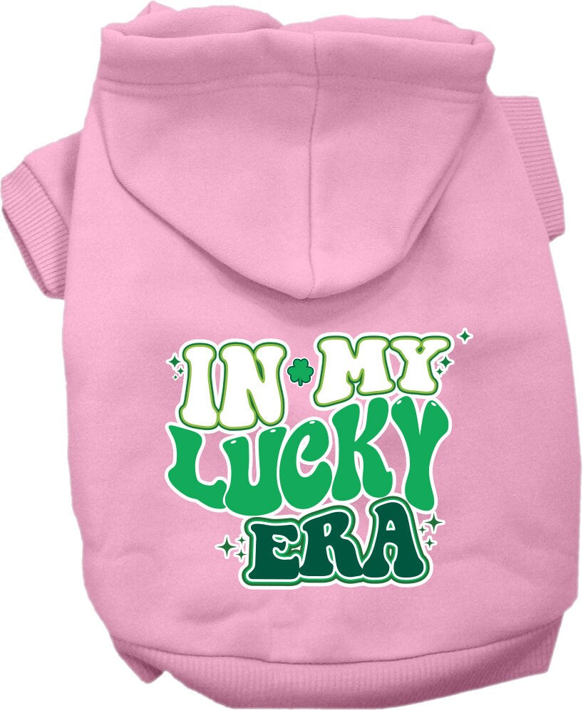 A cozy pet hoodie for dogs and cats, featuring the phrase 'In My Lucky Era' in a stylish screen print, designed for small to medium pets.