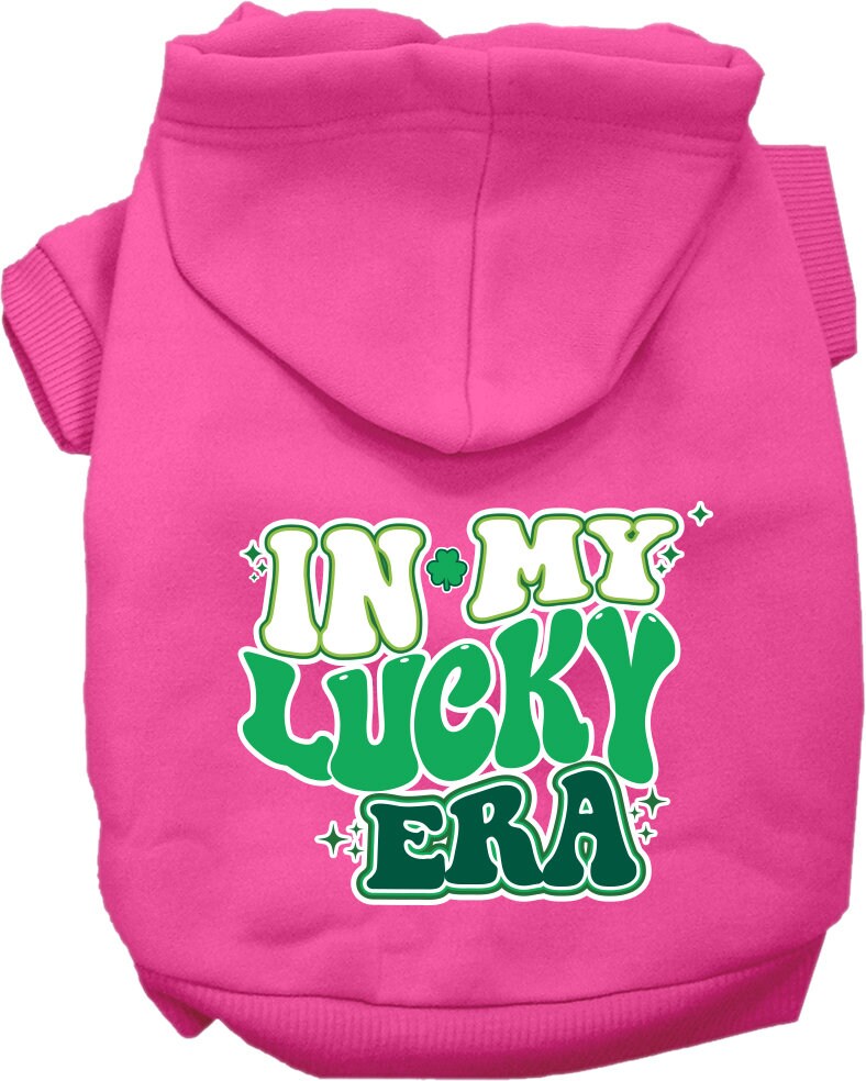 A cozy pet hoodie for dogs and cats, featuring the phrase 'In My Lucky Era' in a stylish screen print, designed for small to medium pets.