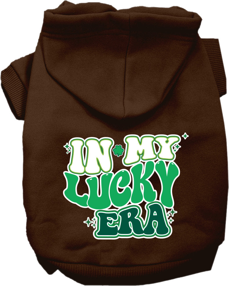 A cozy pet hoodie for dogs and cats, featuring the phrase 'In My Lucky Era' in a stylish screen print, designed for small to medium pets.