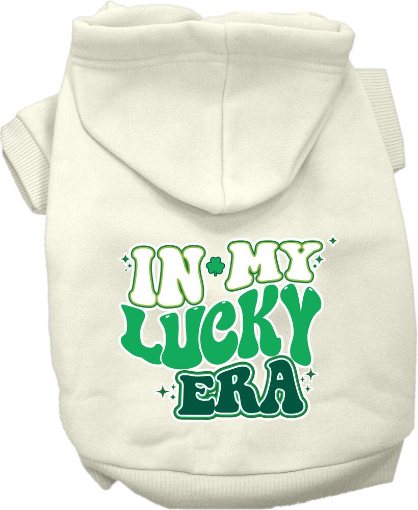A cozy pet hoodie for dogs and cats, featuring the phrase 'In My Lucky Era' in a stylish screen print, designed for small to medium pets.