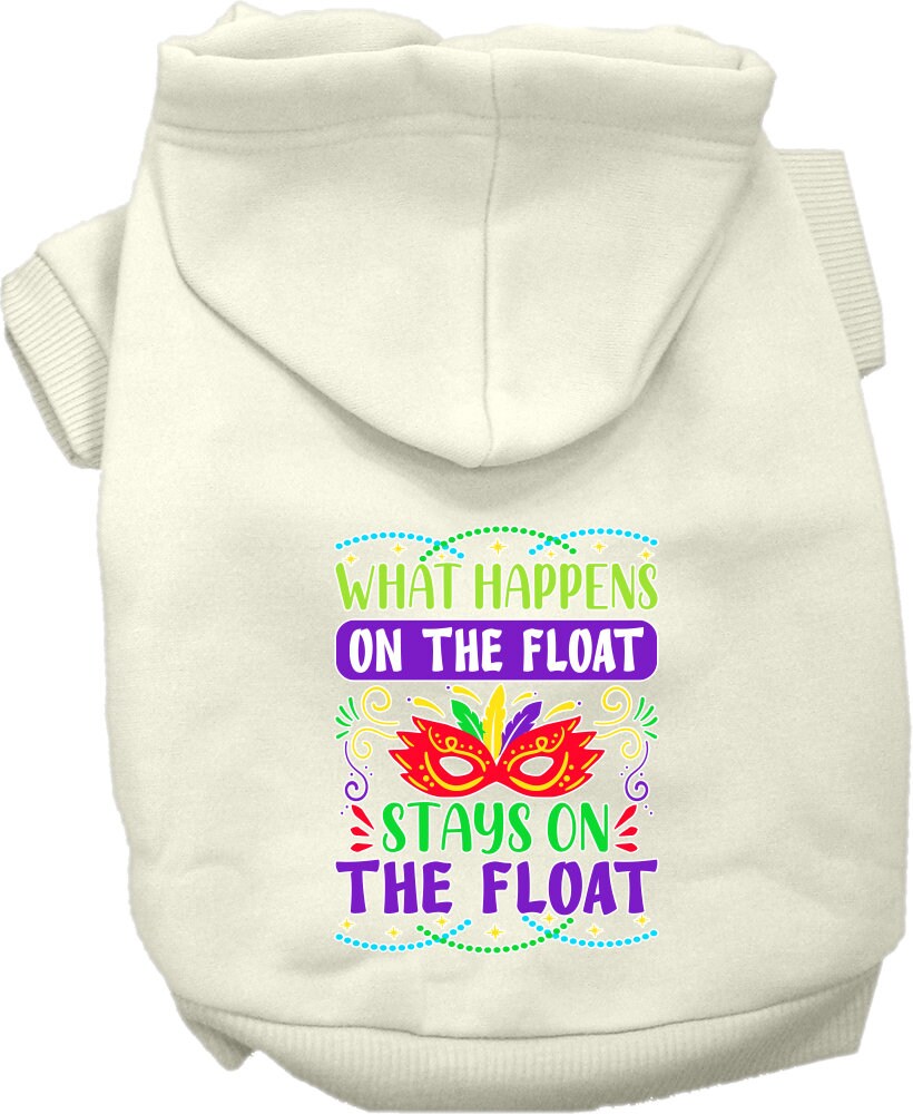 A cozy pet hoodie for dogs and cats featuring the phrase 'What Happens On The Float Stays On The Float', available in various sizes.