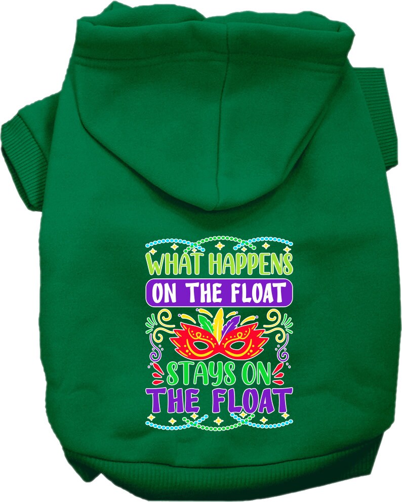 A cozy pet hoodie for dogs and cats featuring the phrase 'What Happens On The Float Stays On The Float', available in various sizes.