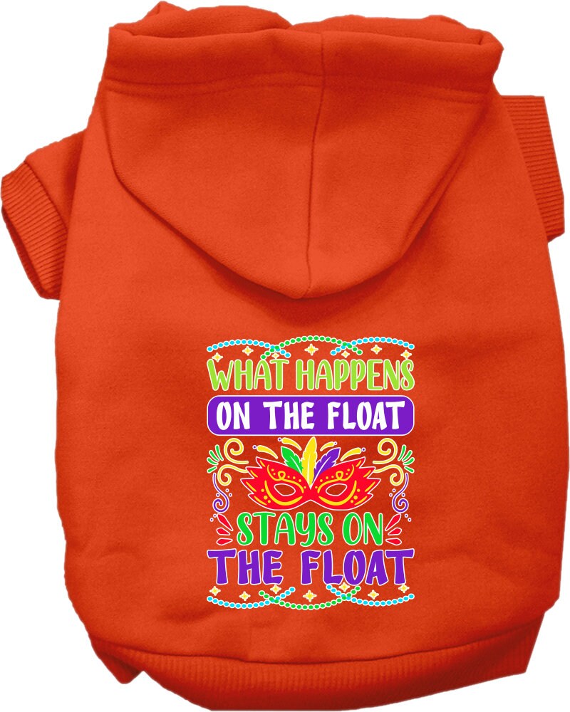 A cozy pet hoodie for dogs and cats featuring the phrase 'What Happens On The Float Stays On The Float', available in various sizes.