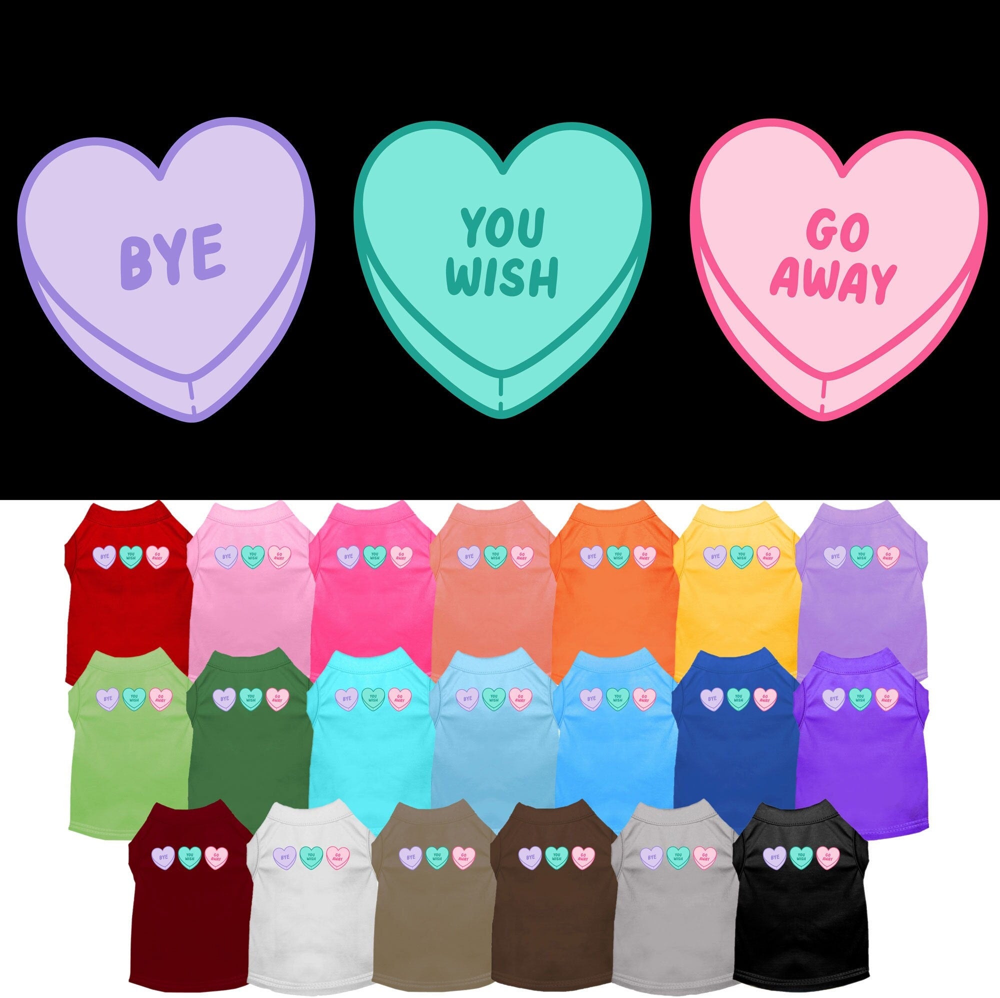 A small to medium pet wearing a soft, comfy screen printed shirt with an Anti Valentines Hearts design, showcasing its unique style.