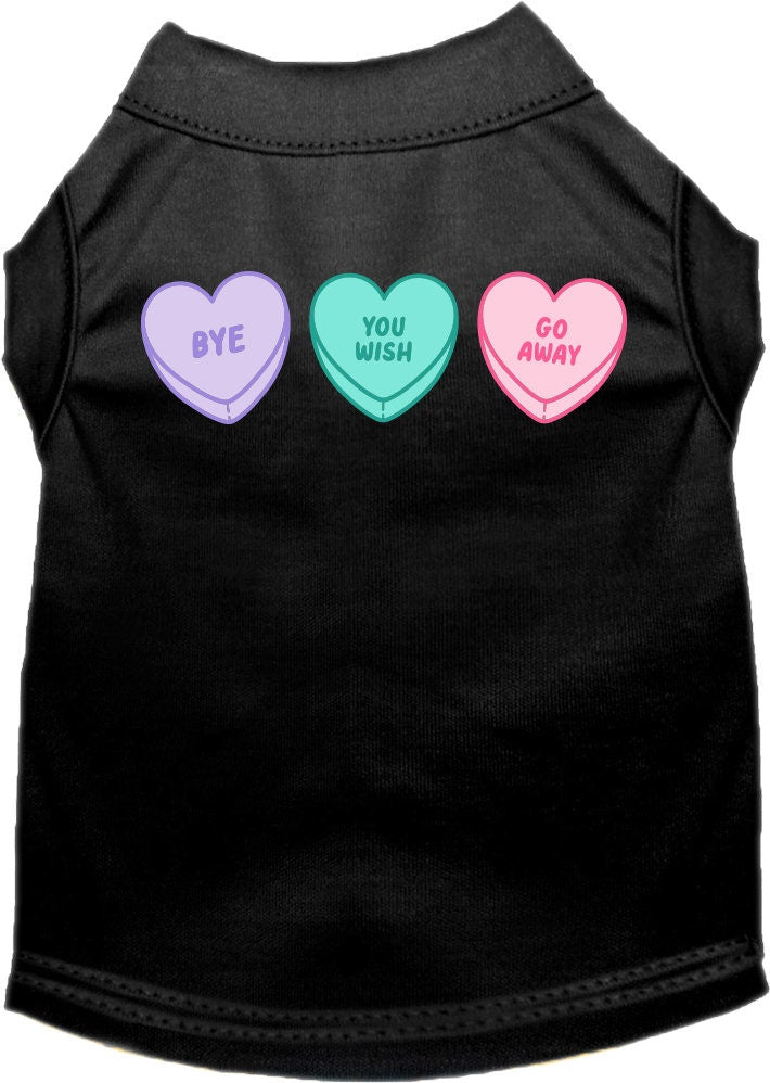A small to medium pet wearing a soft, comfy screen printed shirt with an Anti Valentines Hearts design, showcasing its unique style.