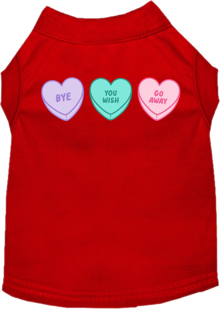 A small to medium pet wearing a soft, comfy screen printed shirt with an Anti Valentines Hearts design, showcasing its unique style.