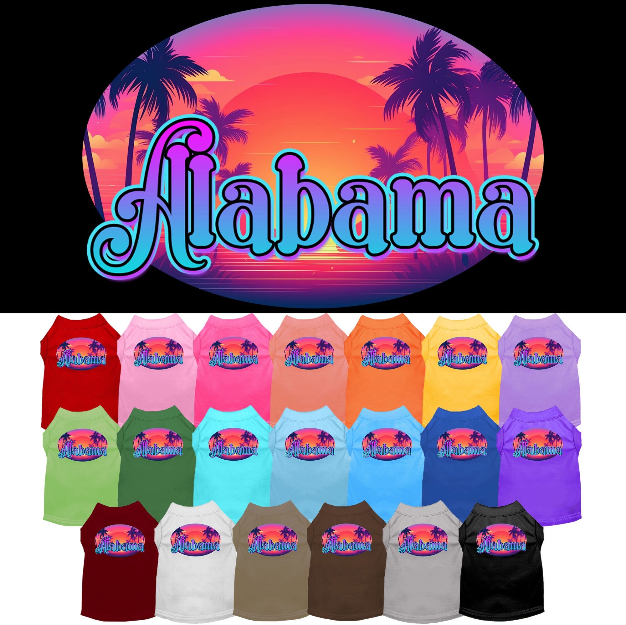 A medium to large pet wearing a stylish screen printed shirt with an Alabama Classic Beach design, showcasing comfort and durability.