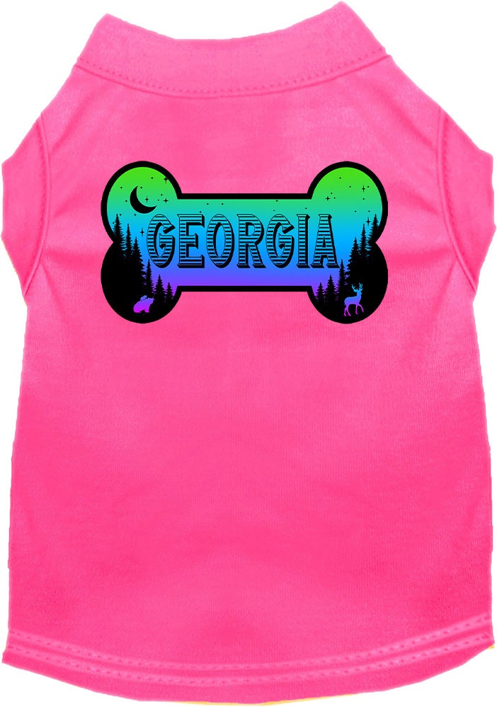 A medium to large pet wearing a stylish screen printed shirt with a Georgia Mountain Shades design, showcasing comfort and durability.