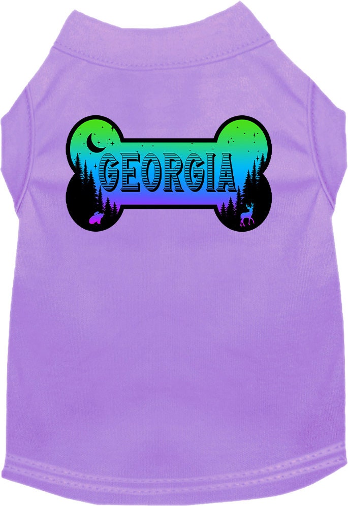 A medium to large pet wearing a stylish screen printed shirt with a Georgia Mountain Shades design, showcasing comfort and durability.