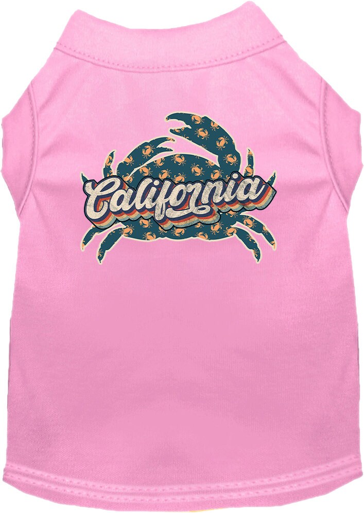 Pet dog and cat shirt featuring California Retro Crabs design, suitable for medium to large pets, showcasing vibrant colors and soft fabric.