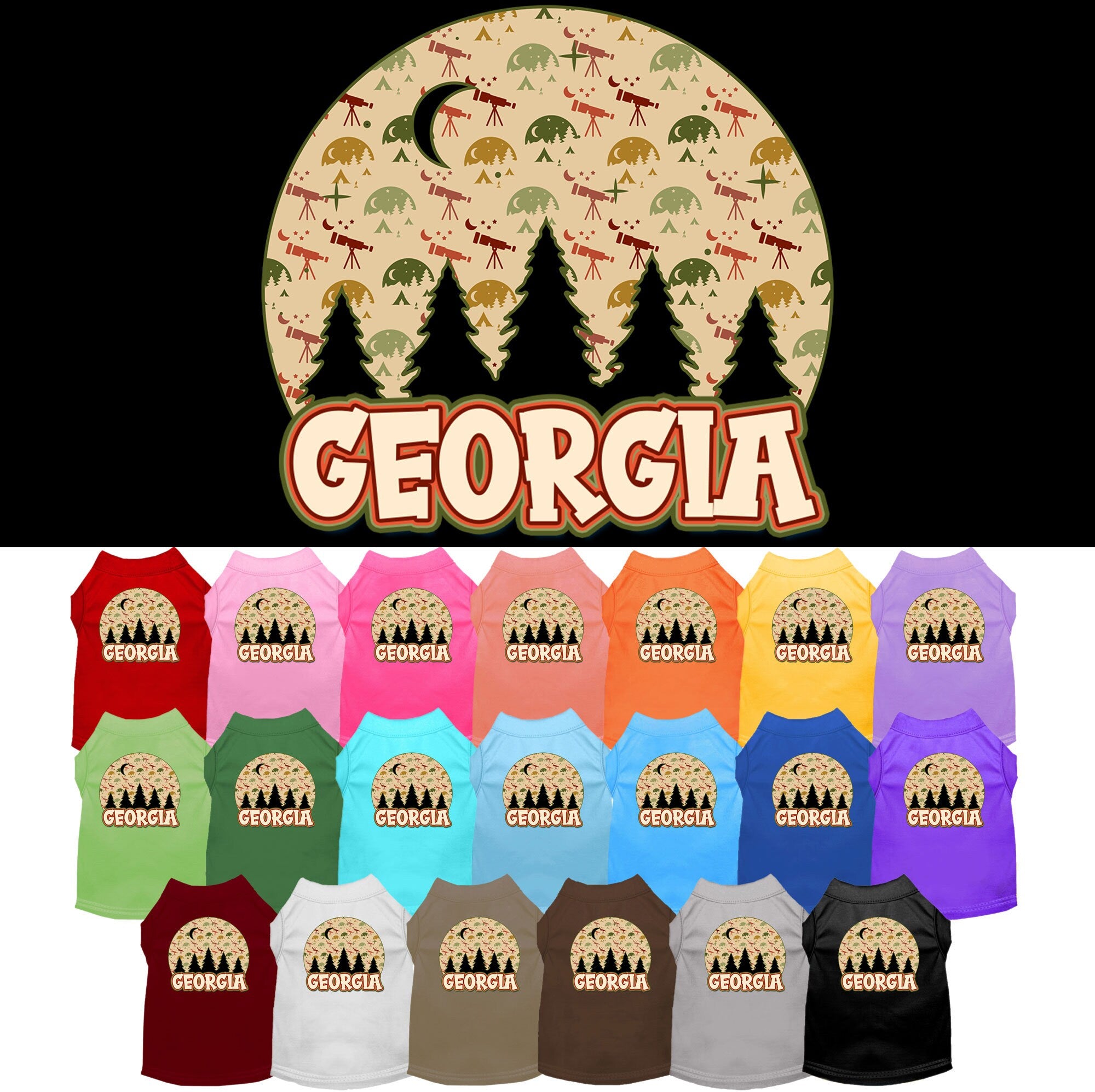 A soft and comfy screen printed shirt for medium to large pets, featuring a unique design called 'Georgia Under The Stars'.