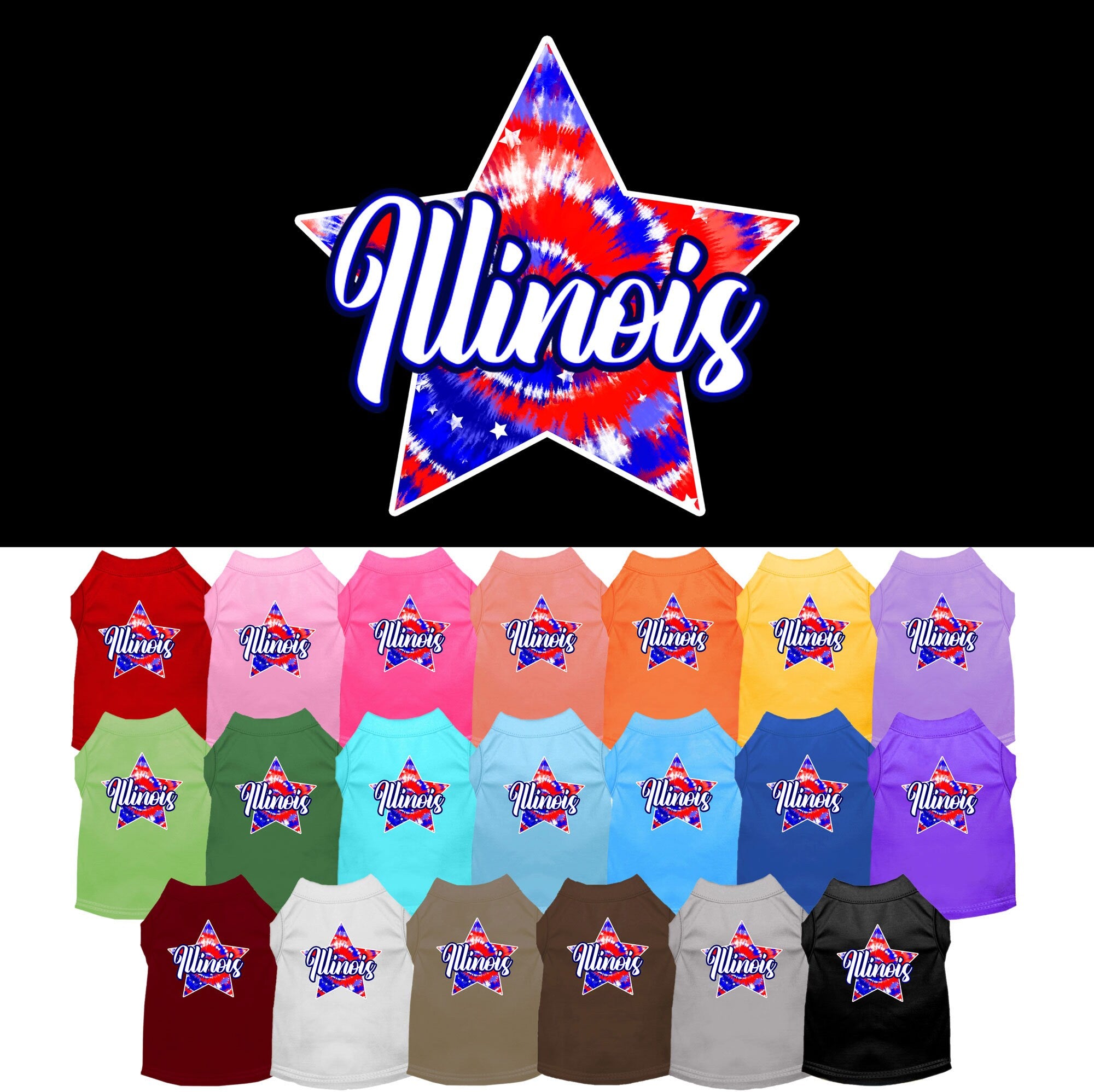 A medium to large pet wearing a colorful Illinois Patriotic Tie Dye shirt, showcasing its vibrant design and comfortable fit.