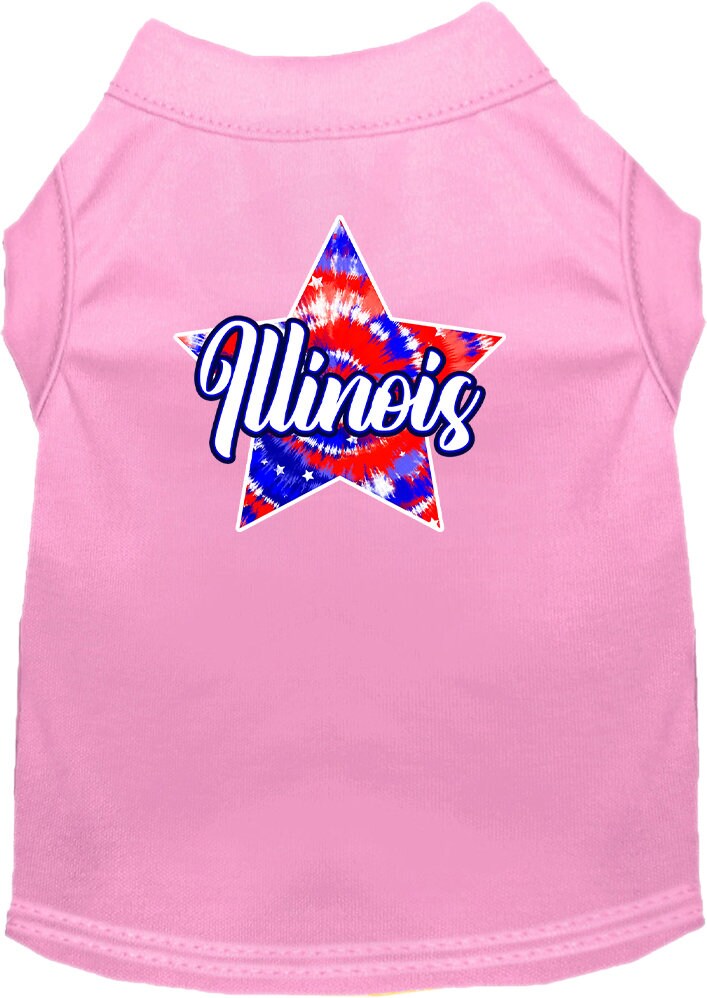 A medium to large pet wearing a colorful Illinois Patriotic Tie Dye shirt, showcasing its vibrant design and comfortable fit.