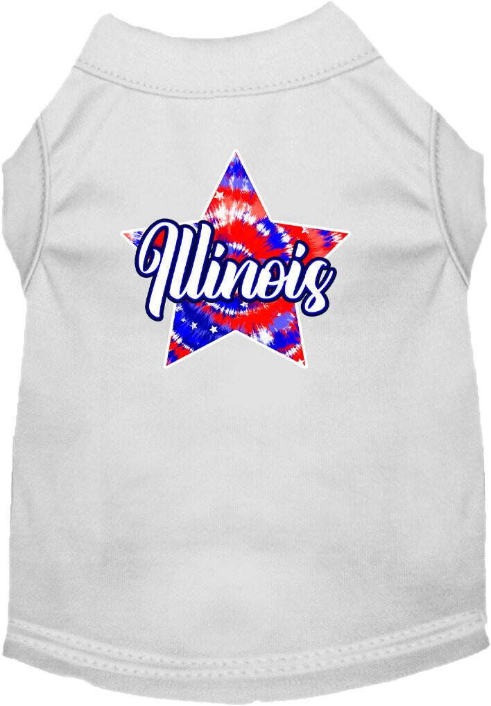 A medium to large pet wearing a colorful Illinois Patriotic Tie Dye shirt, showcasing its vibrant design and comfortable fit.