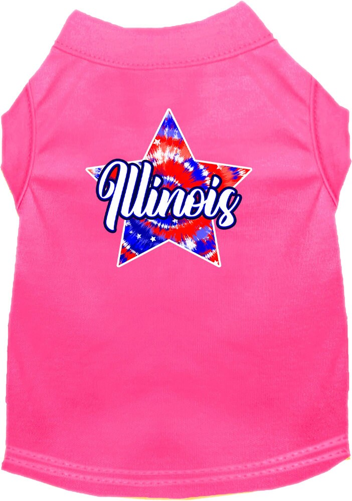 A medium to large pet wearing a colorful Illinois Patriotic Tie Dye shirt, showcasing its vibrant design and comfortable fit.