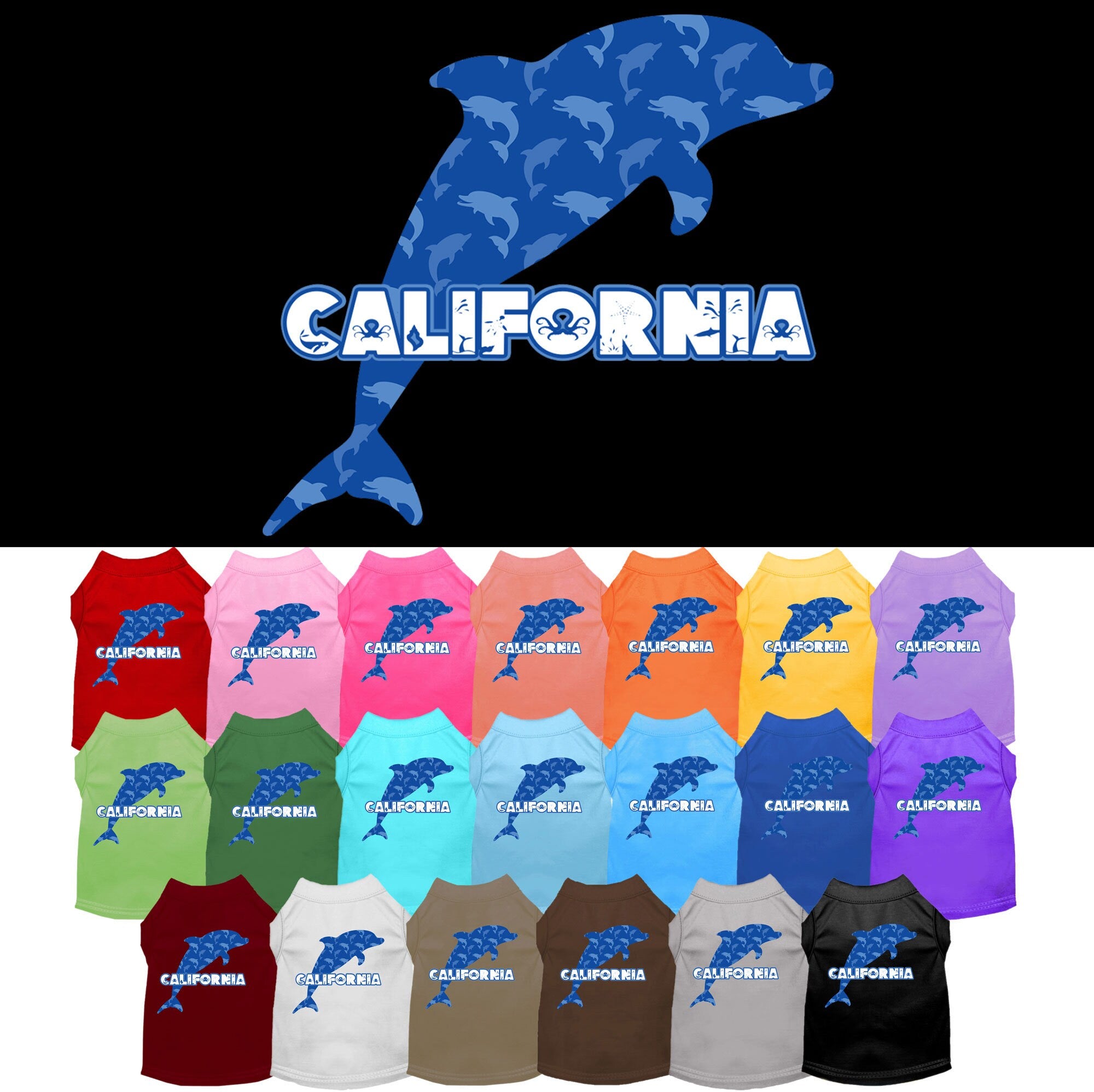 A medium to large pet wearing a soft, screen printed shirt featuring a California Blue Dolphins design, showcasing comfort and style.